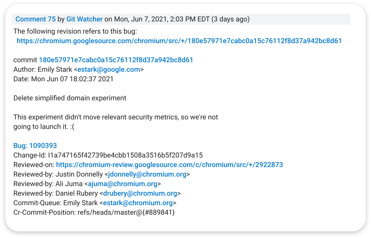 El anuncio de una de las desarrolladoras de Chromium apareció en la página de registro de errores del navegador (Fuente: Google)