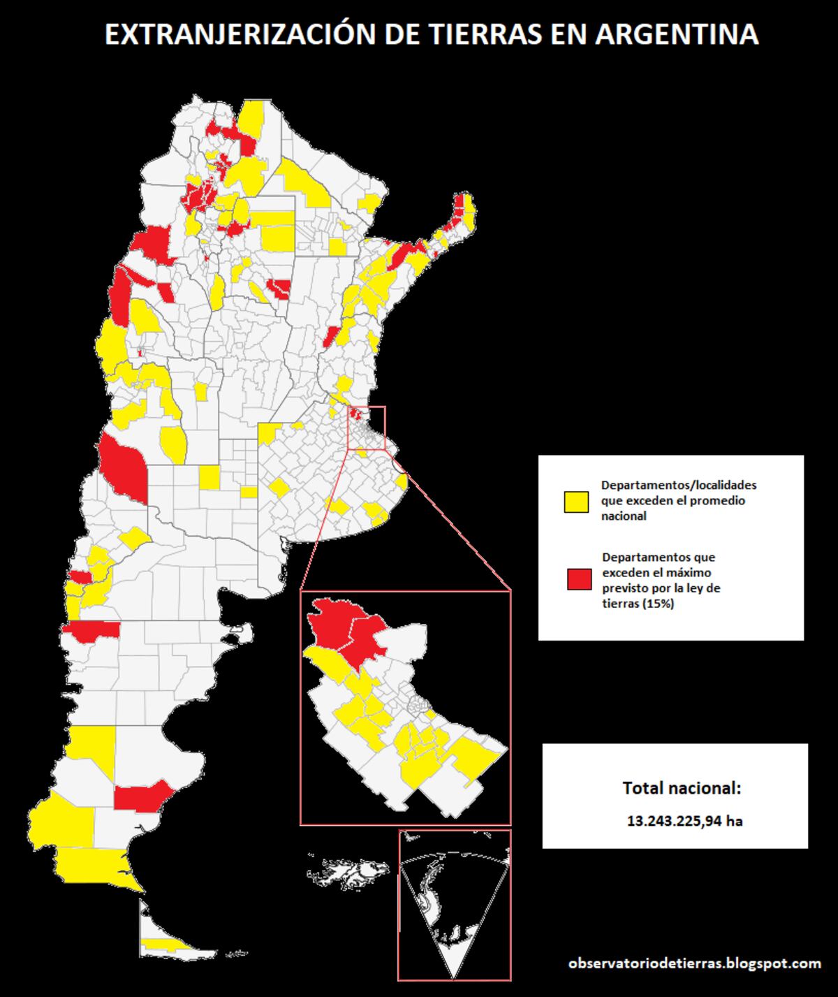 Infografía de los investigadores con base en reportes del Registro Nacional de Tierras Rurales (Dirección Nacional del RNTR, Ministerio de Justicia de la Nación Argentina), obtenidos mediante solicitudes de acceso a la información pública (Ley 27.275).