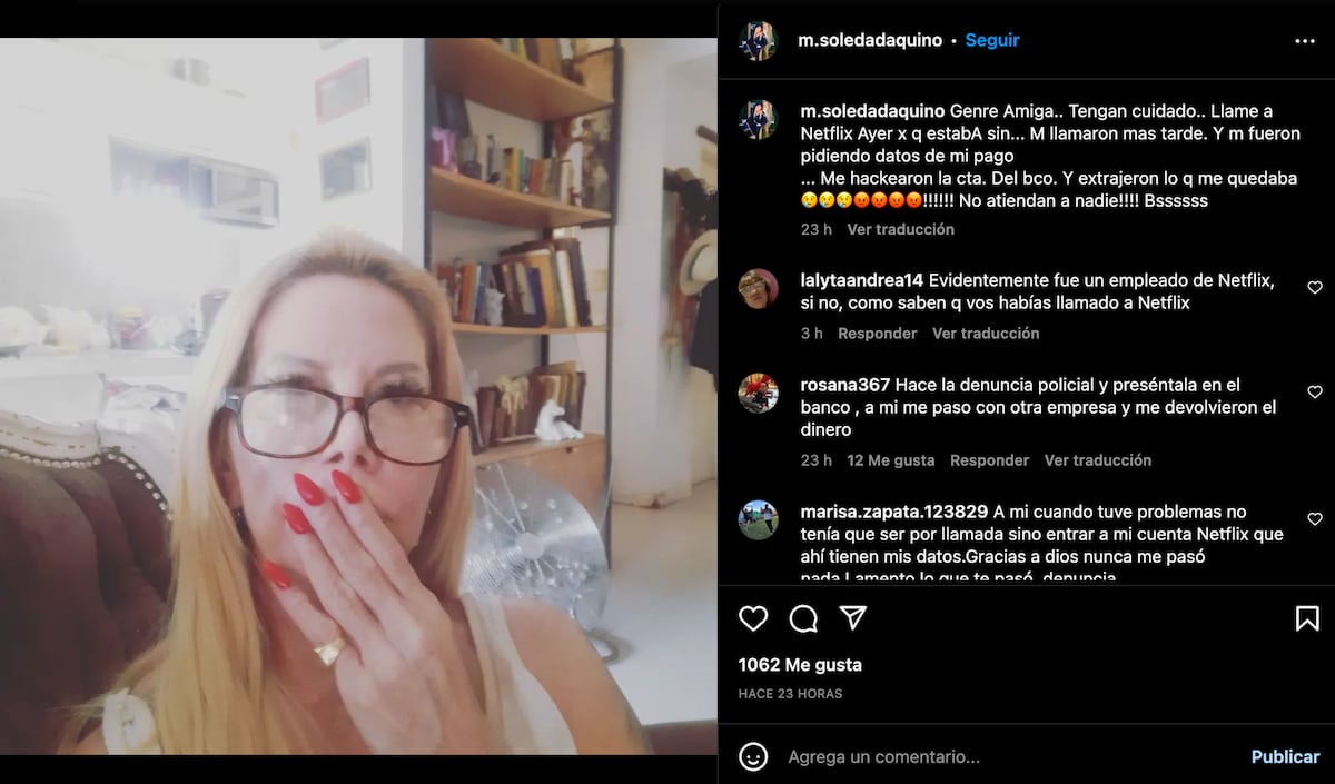 La publicación de Soledad Aquino donde cuenta que le hackearon la cuenta del banco y la vaciaron