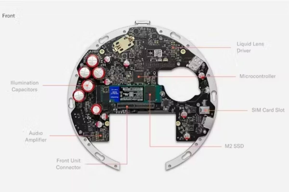 La parte frontal de la placa base de Orb, la esfera plateada que escanea el iris de los usuarios de WorldCoin. (WorldCoin, CC BY)