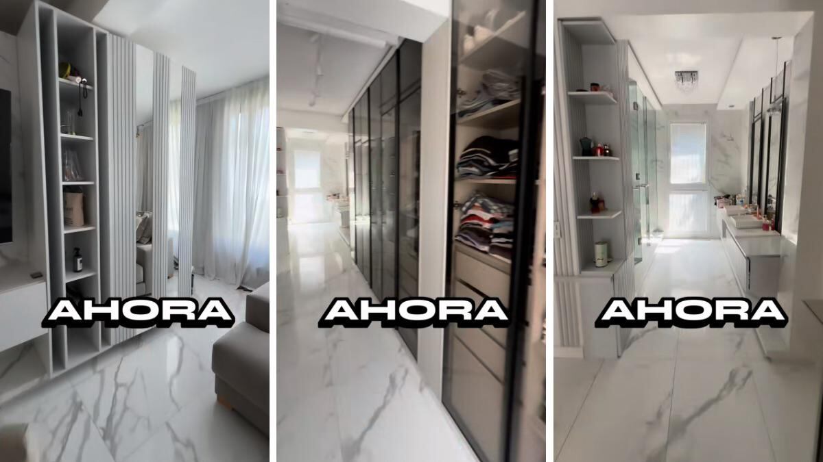 La habitación está integrada con un vestidor enorme y un espacio estilo oficina.