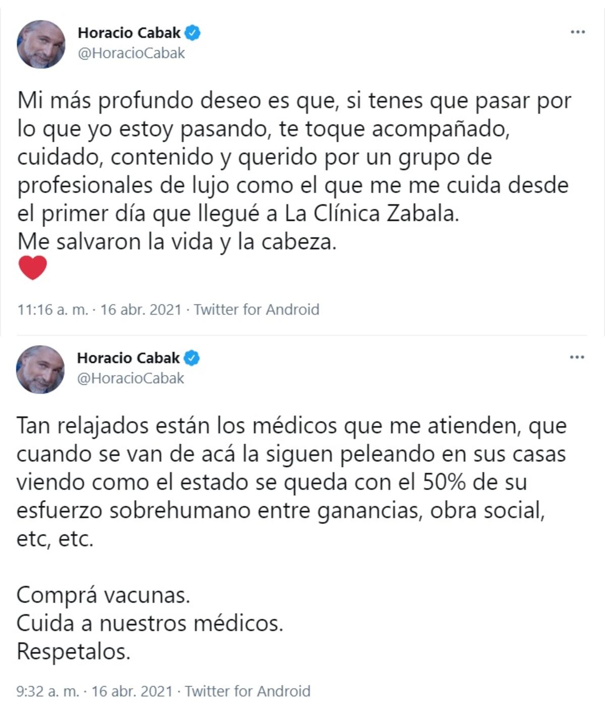 El conductor utilizó sus redes para valorar el trabajo de los médicos.