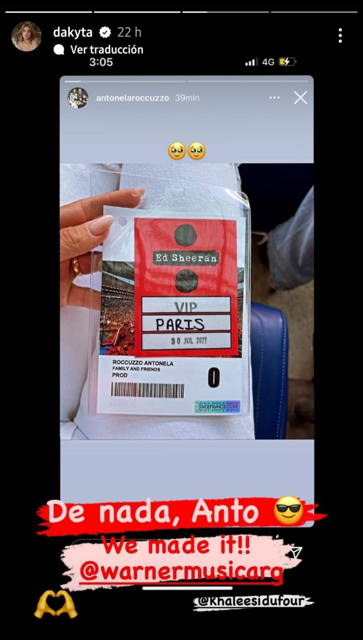 Antonela Roccuzzo le agradeció a Daniela Aita por proponer su encuentro con Ed Sheeran (Captura de pantalla)