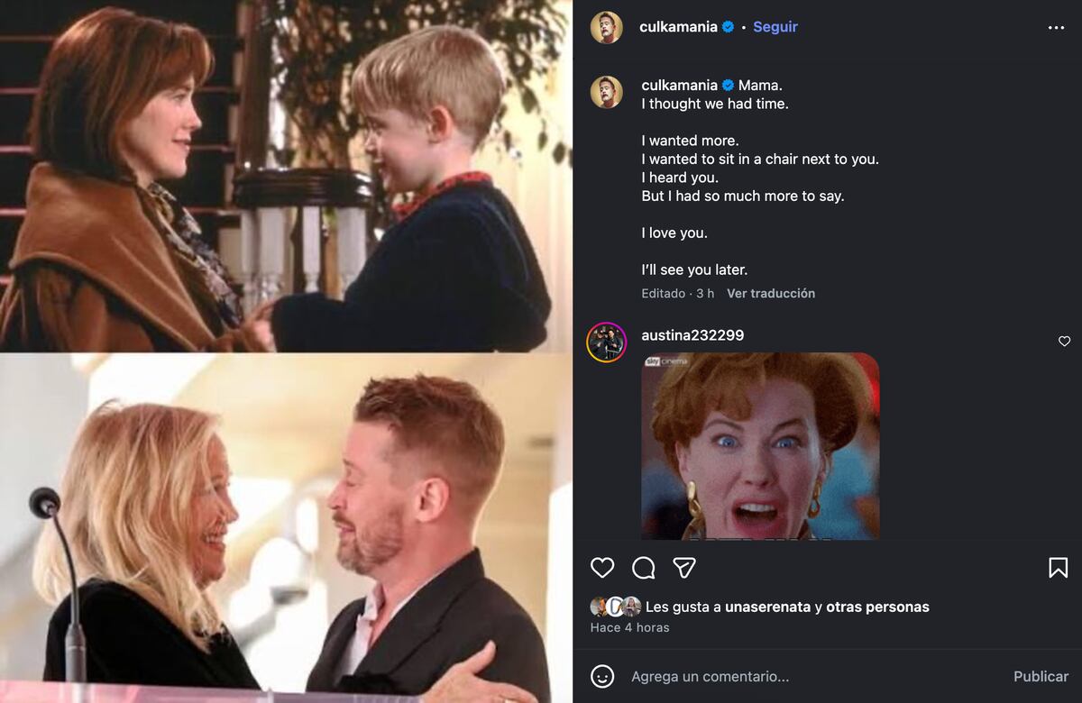 La publicación de Macaulay Culkin en Instagram en donde se despidió de Catherine O’Hara. (Foto: captura de pantalla)