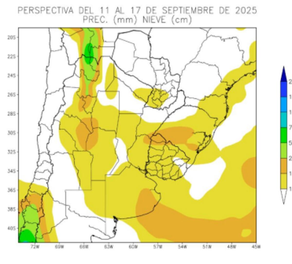 PERSPECTIVA AGROCLIMÁTICA. Mapa de temperaturas mínimas del 11 al 17 de septiembre (Gentileza Bolsa de Cereales)