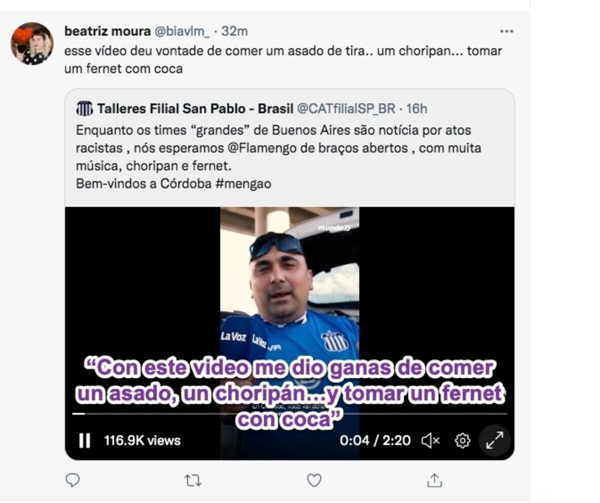 La hinchada de Flamengo elogiando a la de Talleres en redes sociales.