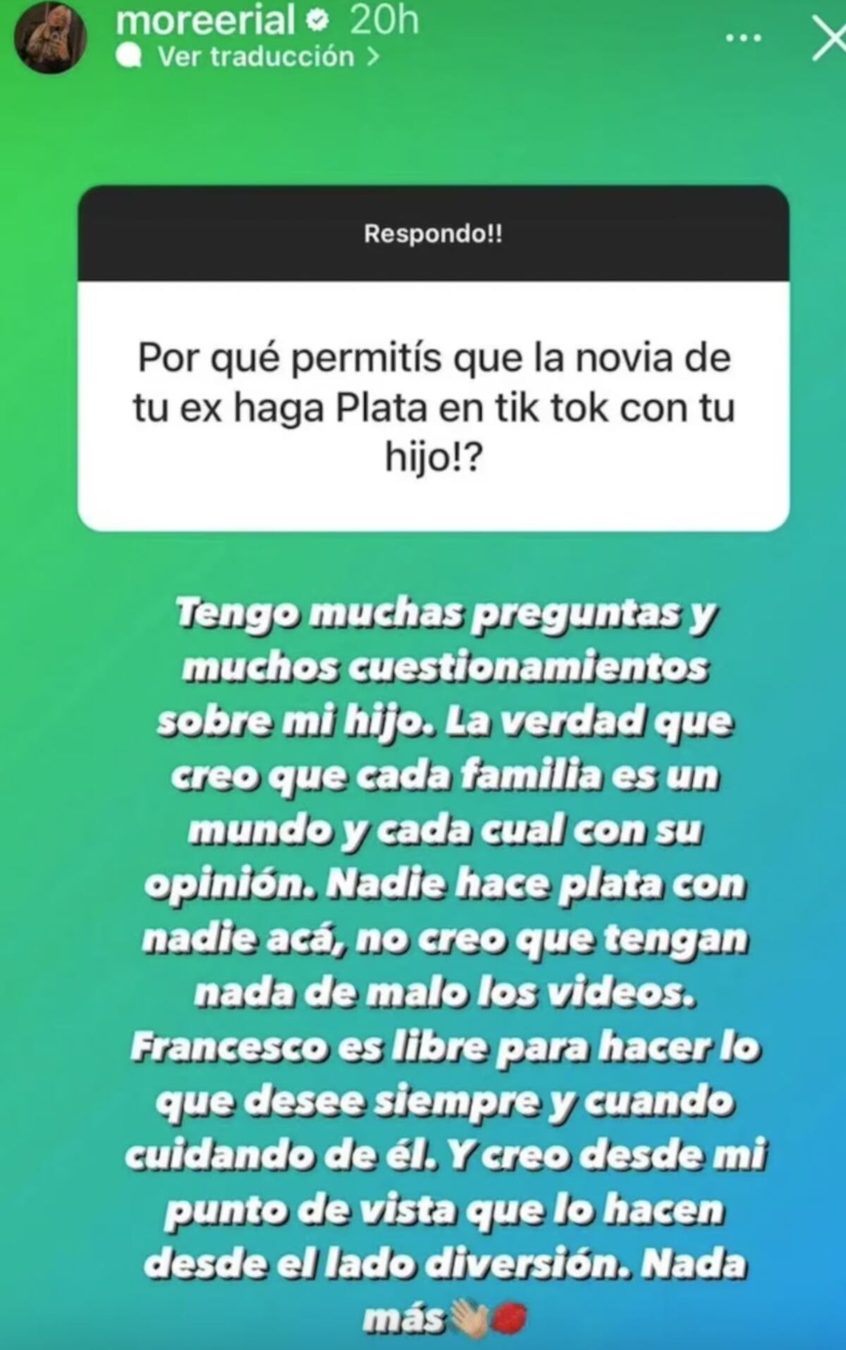La respuesta de Morena Rial al seguidor que quiso sembrar la polémica con una pregunta sobre los videos que sube la novia del padre de Francesco Benicio a las redes con el niño. (Foto: captura de video)