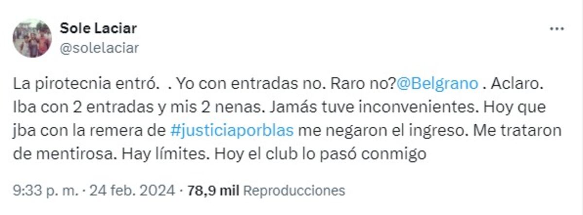 Soledad Laciar denunció que no la dejaron entrar a la cancha (captura de X)
