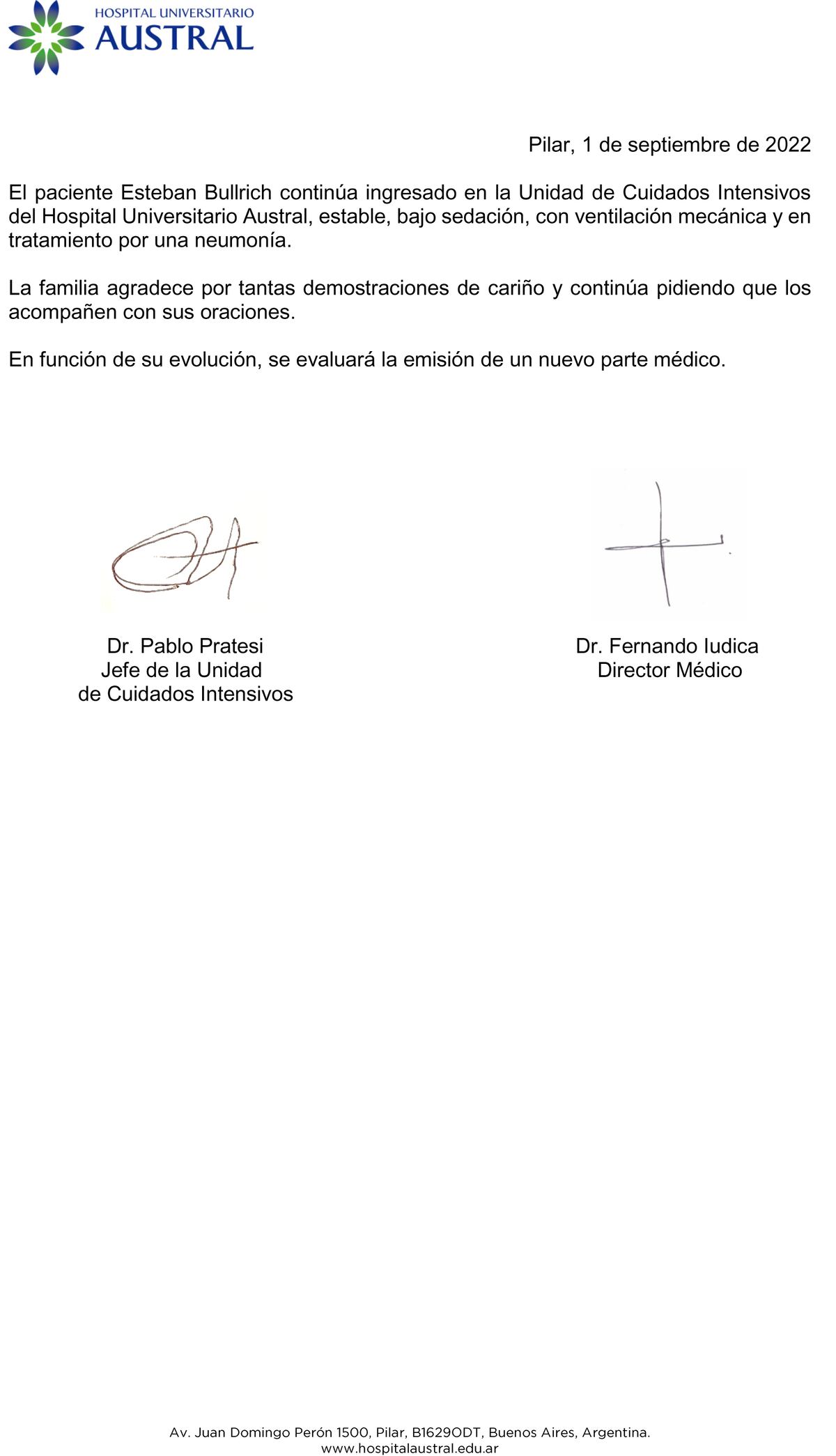 El segundo parte médico sobre la internación de Esteban Bullrich. (Hospital Universitario Austral)