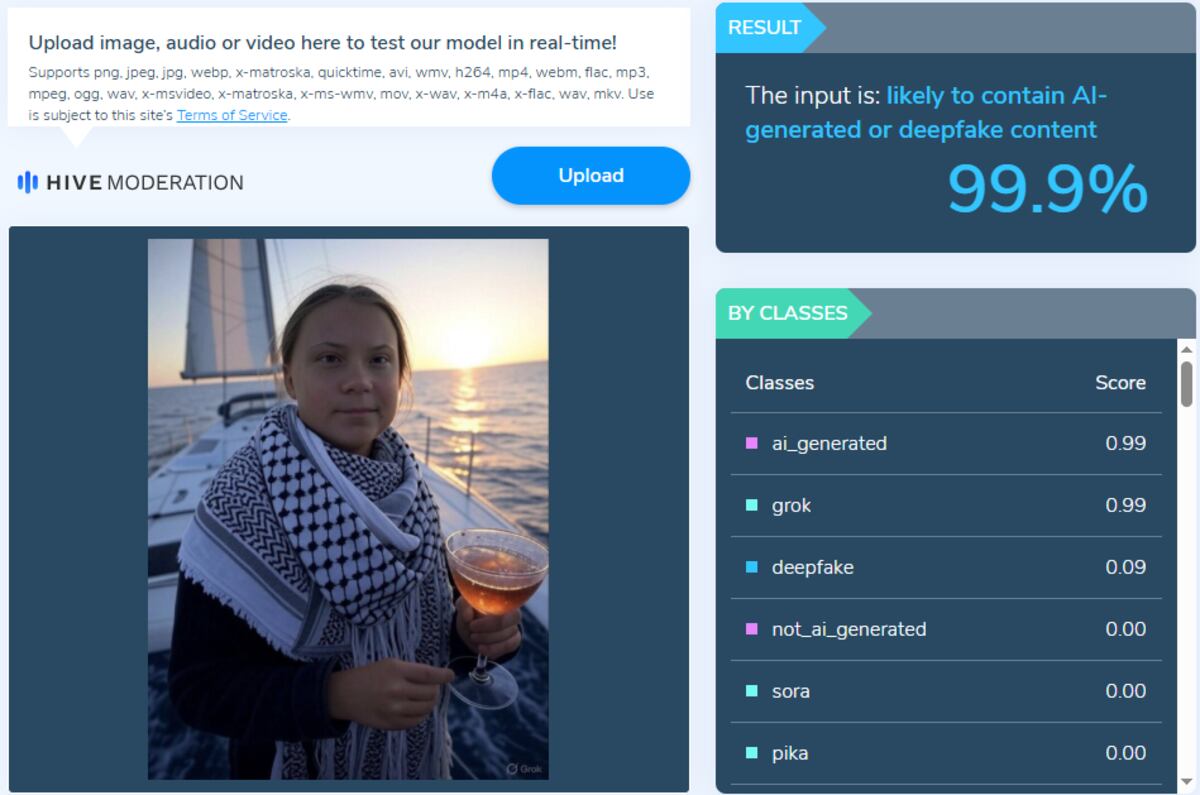 Es falsa la imagen de Greta Thunberg en un barco con un cóctel: fue creada con inteligencia artificial. (Captura)