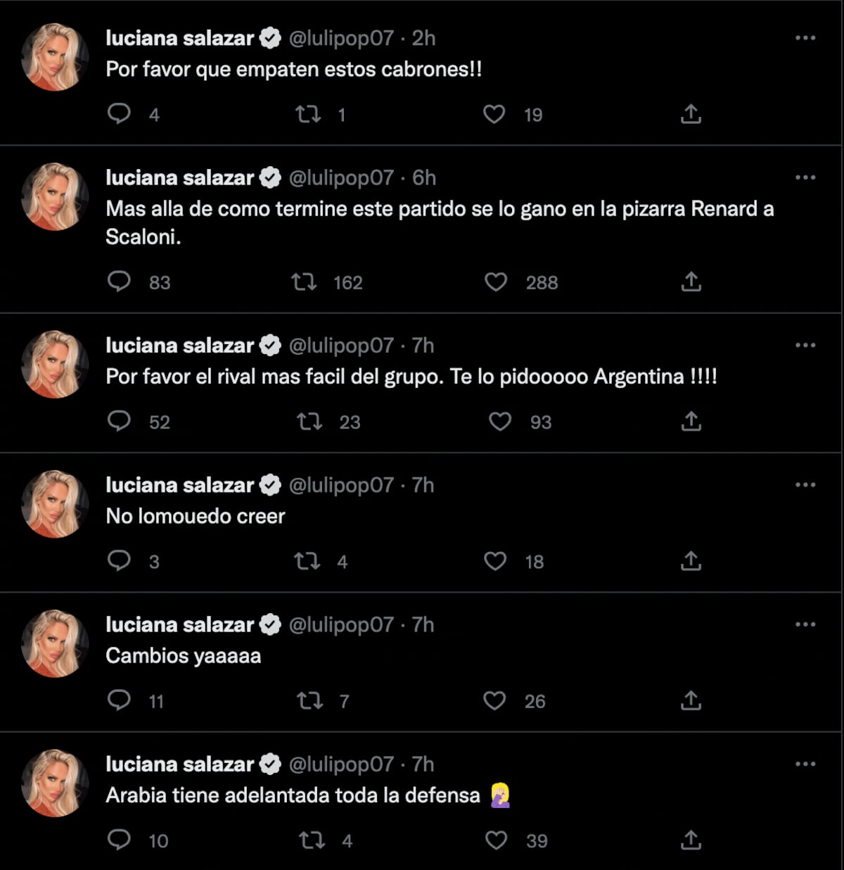 Los tuits de Luciana Salazar durante el partido de Argentina contra Arabia Saudita.