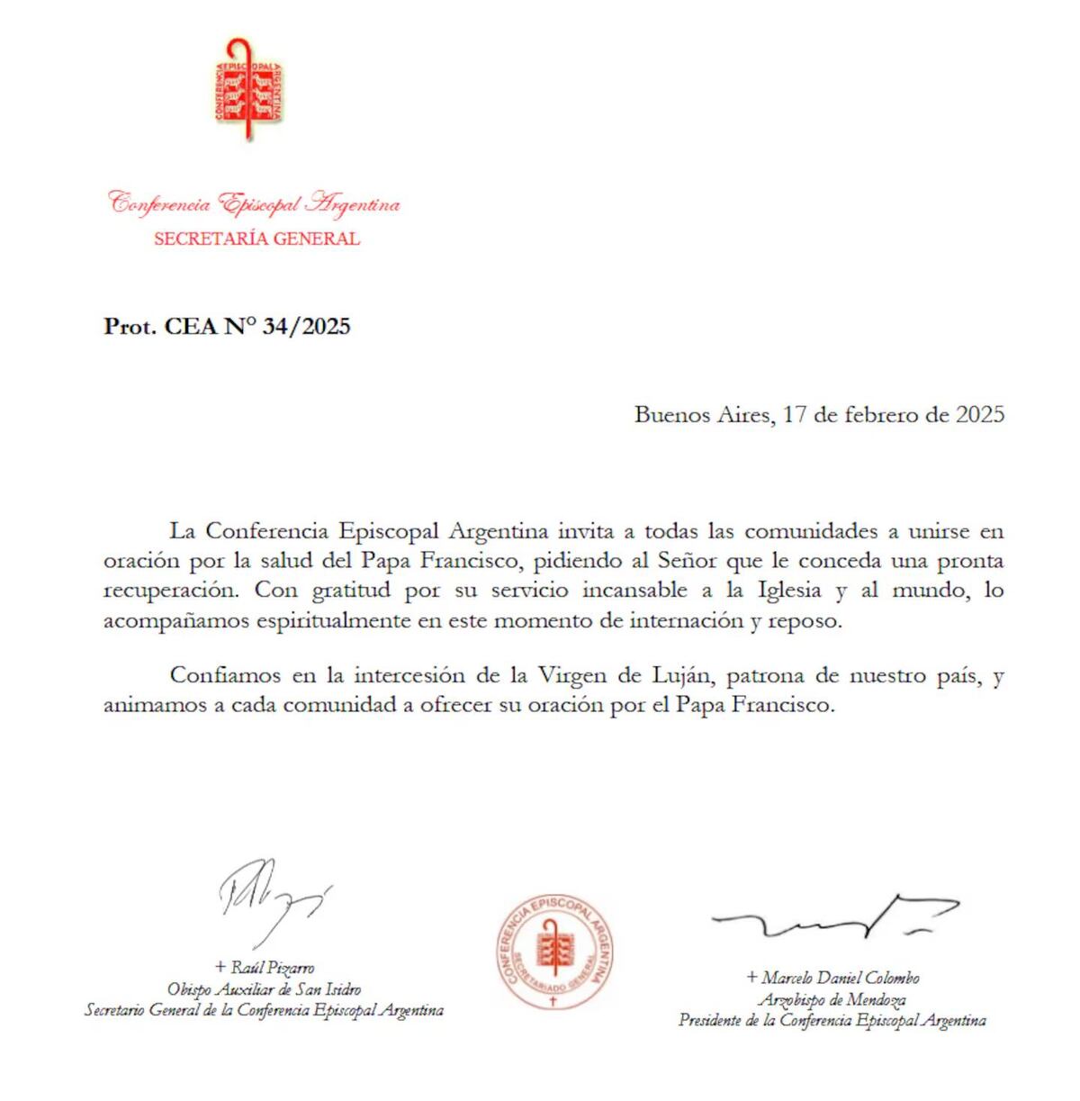 La Iglesia Argentina pidió realizar una cadena de oración por la salud del Papa Francisco.