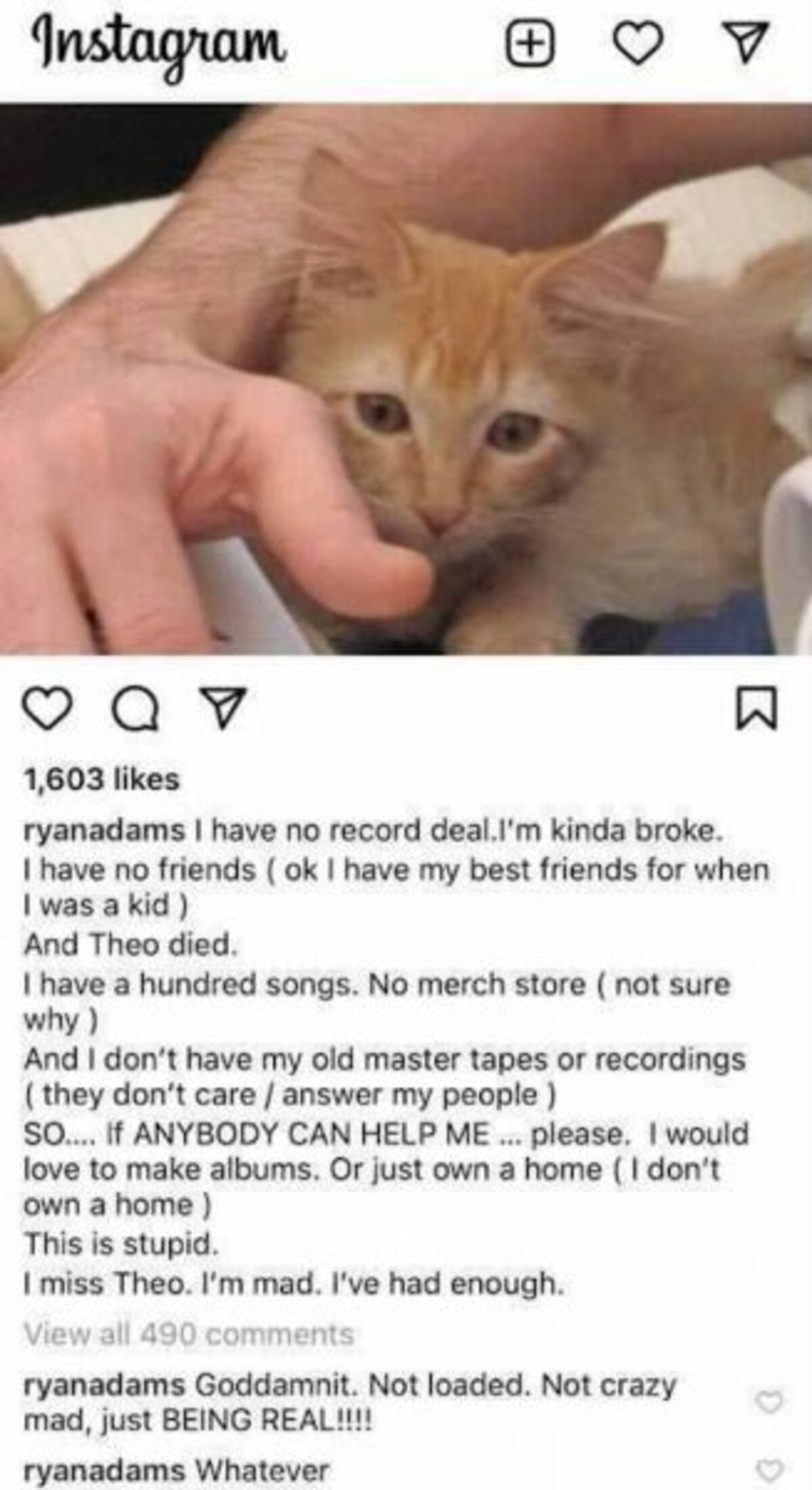 El posteo desesperado de Ryan Adams. (Instagram @ryanadams)
