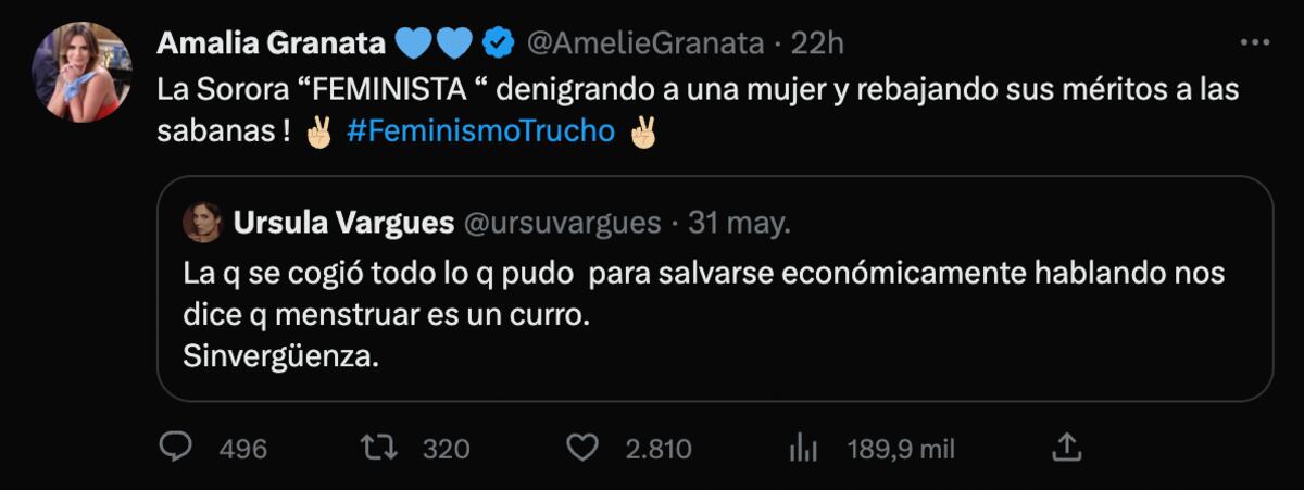 El fuerte ida y vuelta en Twitter entre Amalia Granata y Úrsula Varguez. (Foto: Captura de pantalla)