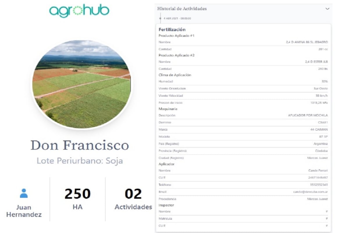 Así es la plataforma que permite llevar todos los datos de las aplicaciones fitosanitarias. (Gentileza Agrohub)