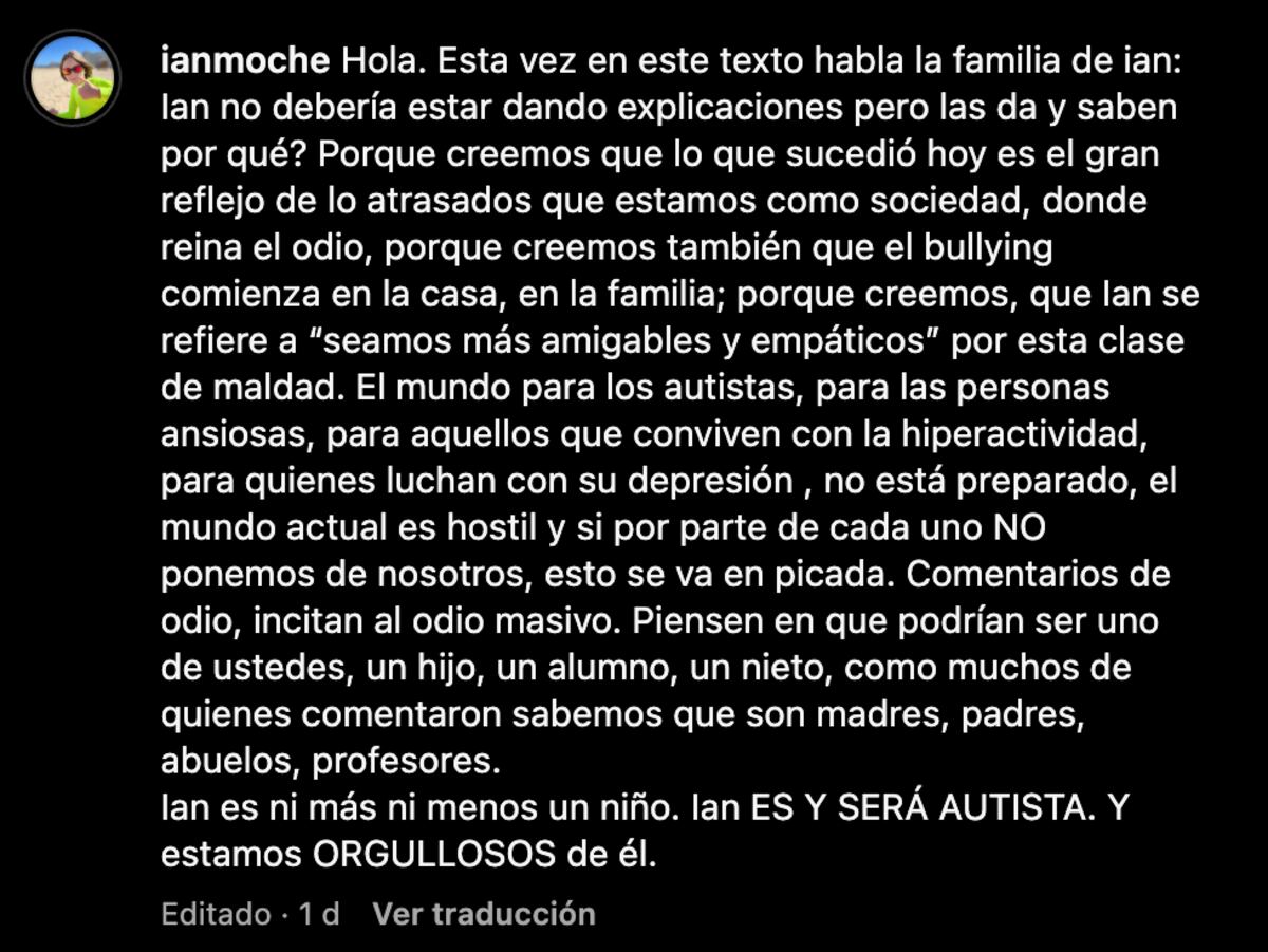 El descargo de la familia de Ian. (Foto: Captura de pantalla)