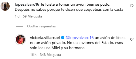 Respuesta de Villarruel a un comentario en una publicación propia de su perfil de Instagram. (Captura)