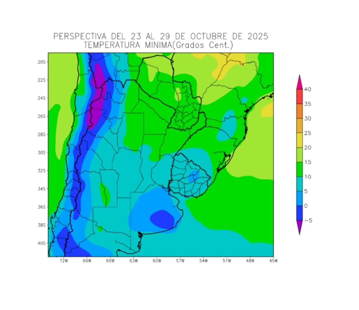 Perspectiva agroclimática: temperaturas mínimas durante la semana del 23  y 29 de octubre. (Gentileza Bolsa de Cereales de Buenos Aires)