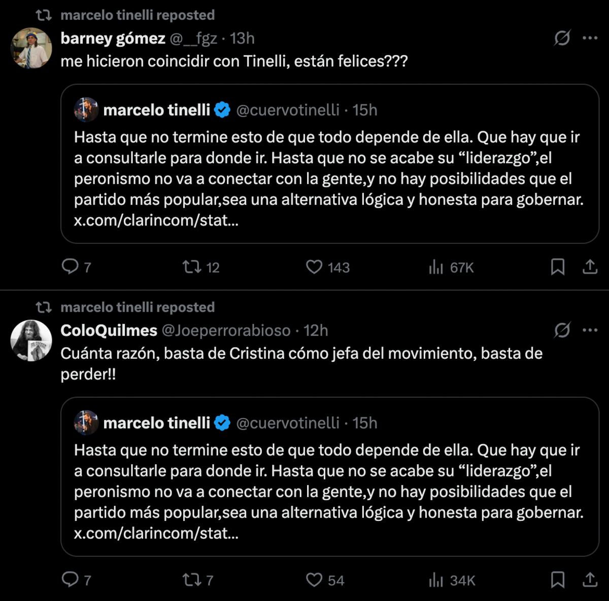 El apoyo de algunos usuarios de X a la crítica de Marcelo Tinelli sobre Cristina Kirchner. (Foto: Captura de pantalla)