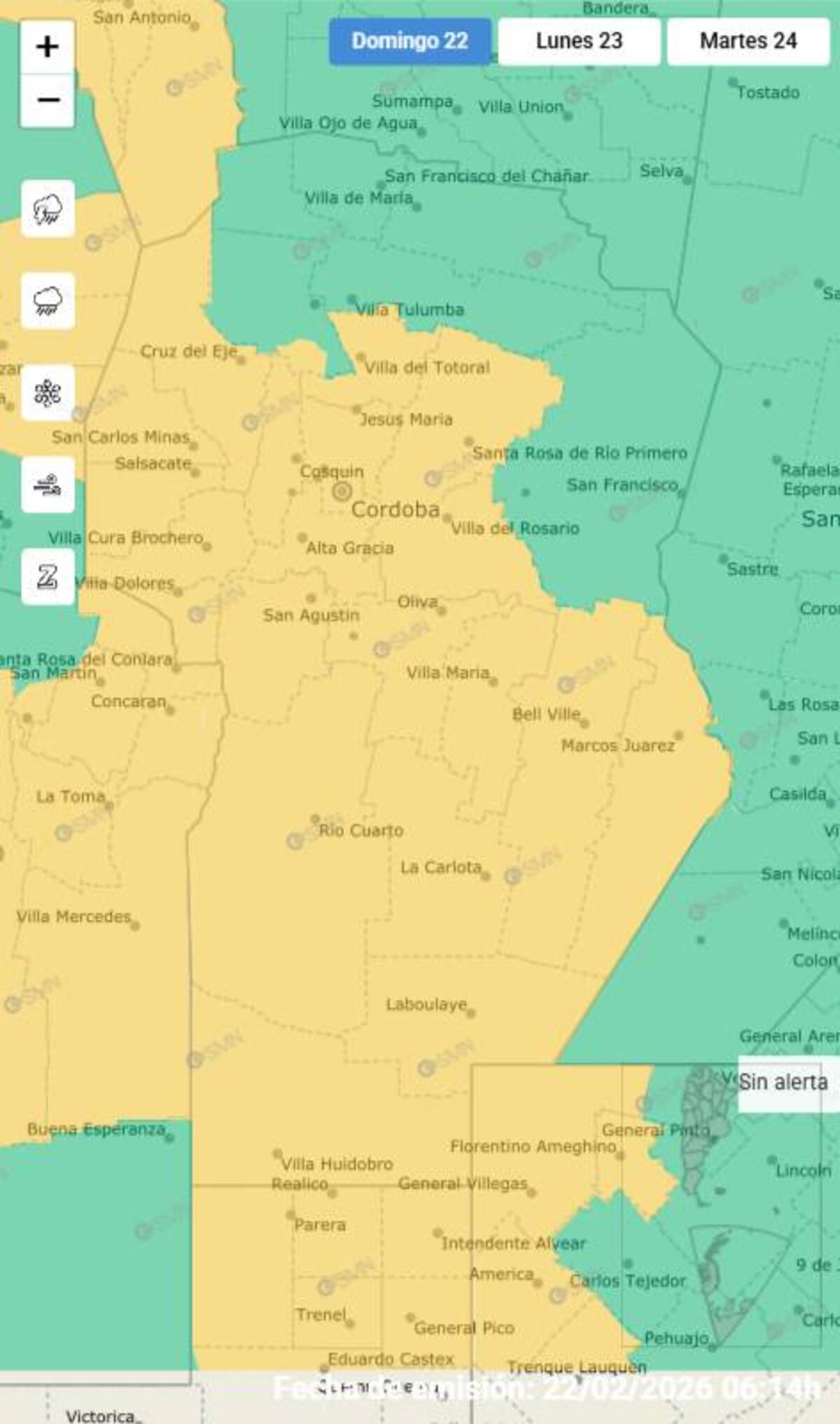 Alerta amarilla para este domingo 22 de febrero. (SMN)