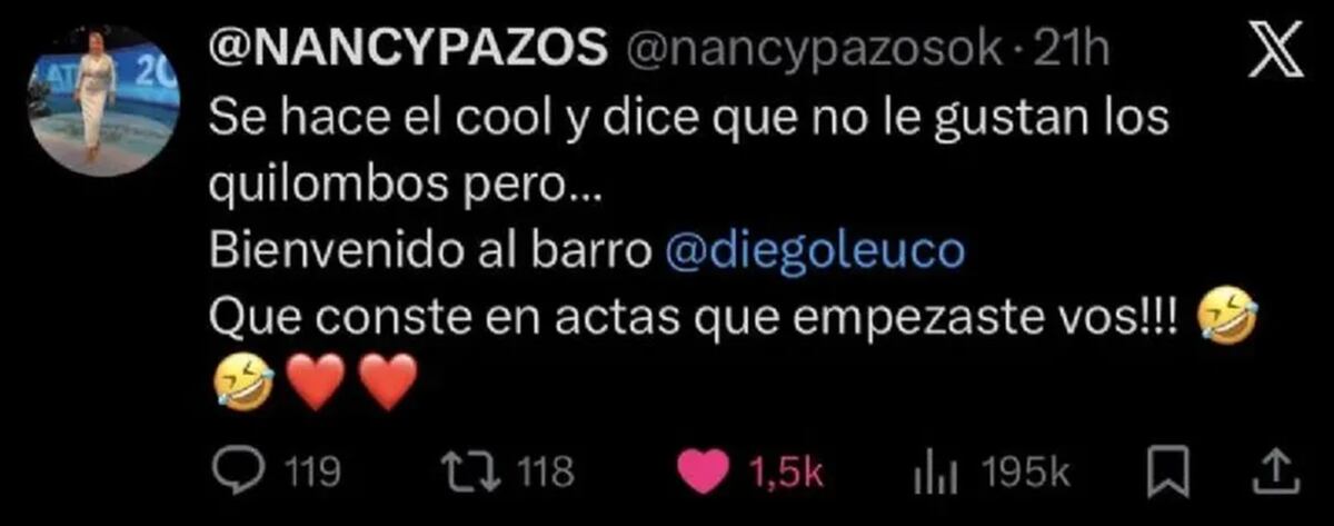 La respuesta de Nancy Pazos a Diego Leuco. (Foto: Captura de pantalla de X)