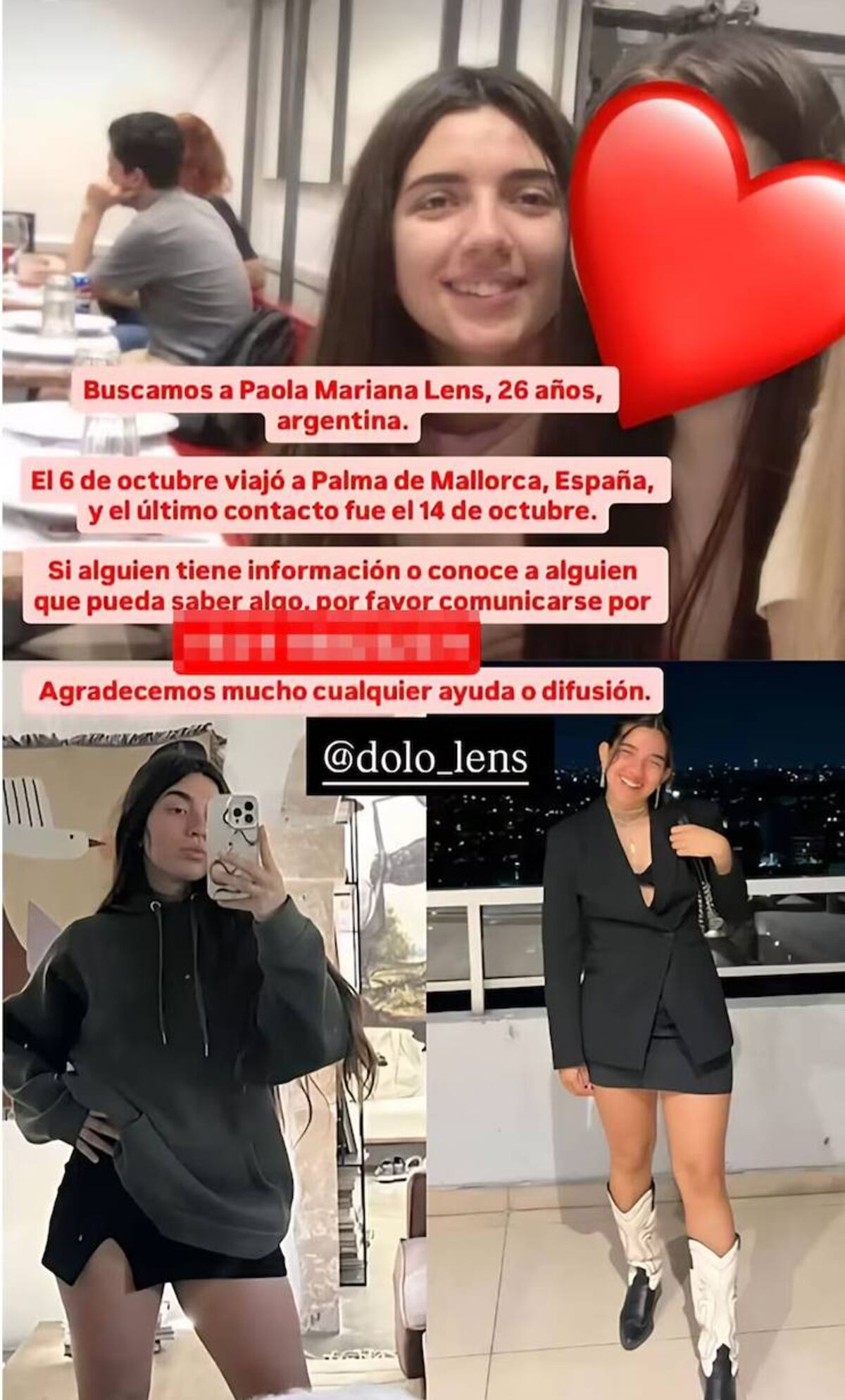 Paola Lens, de 26 años, perdió toda comunicación el 14 de octubre.