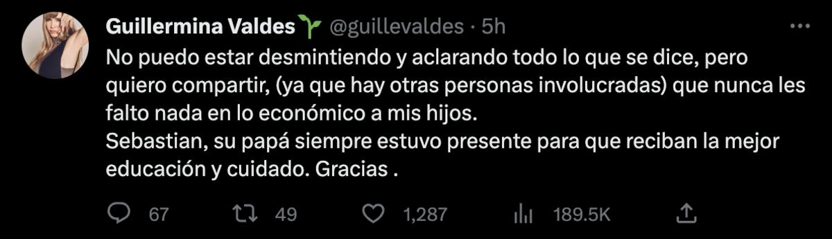 Los tuits de Guillermina Valdés en defensa de Marcelo Tinelli y Sebastián Ortega.