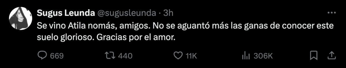 Así anunció Agustina que nació su hijo con Tomás Rebord. Fuente: (Captura de pantalla)