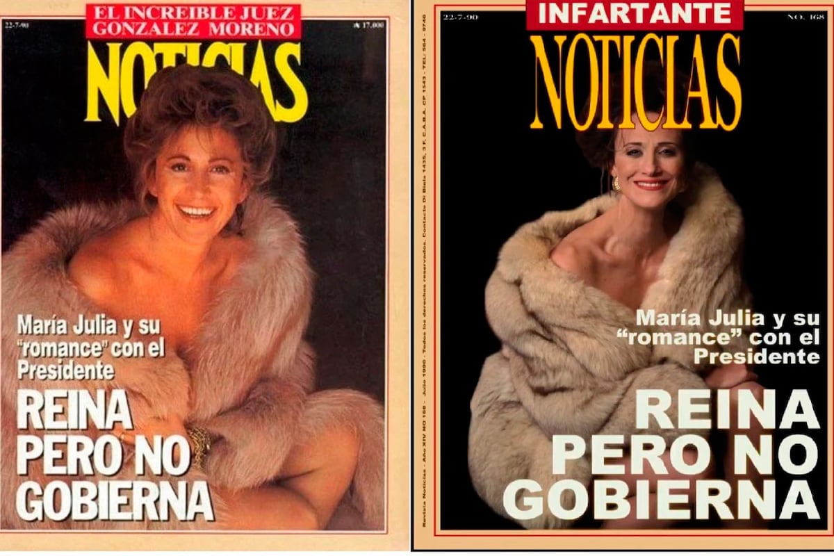 María Julia Alsogaray y Mónica Antonópulos como ella en la serie. Foto: web / Prime Video.