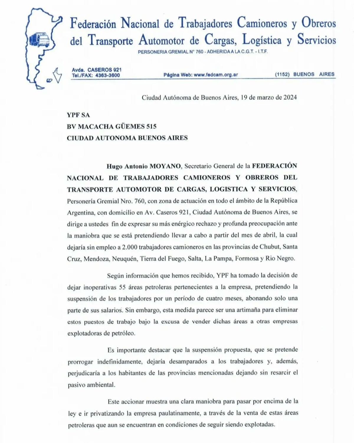 El escrito que la Federación de Camioneros le envió a YPF. (X)