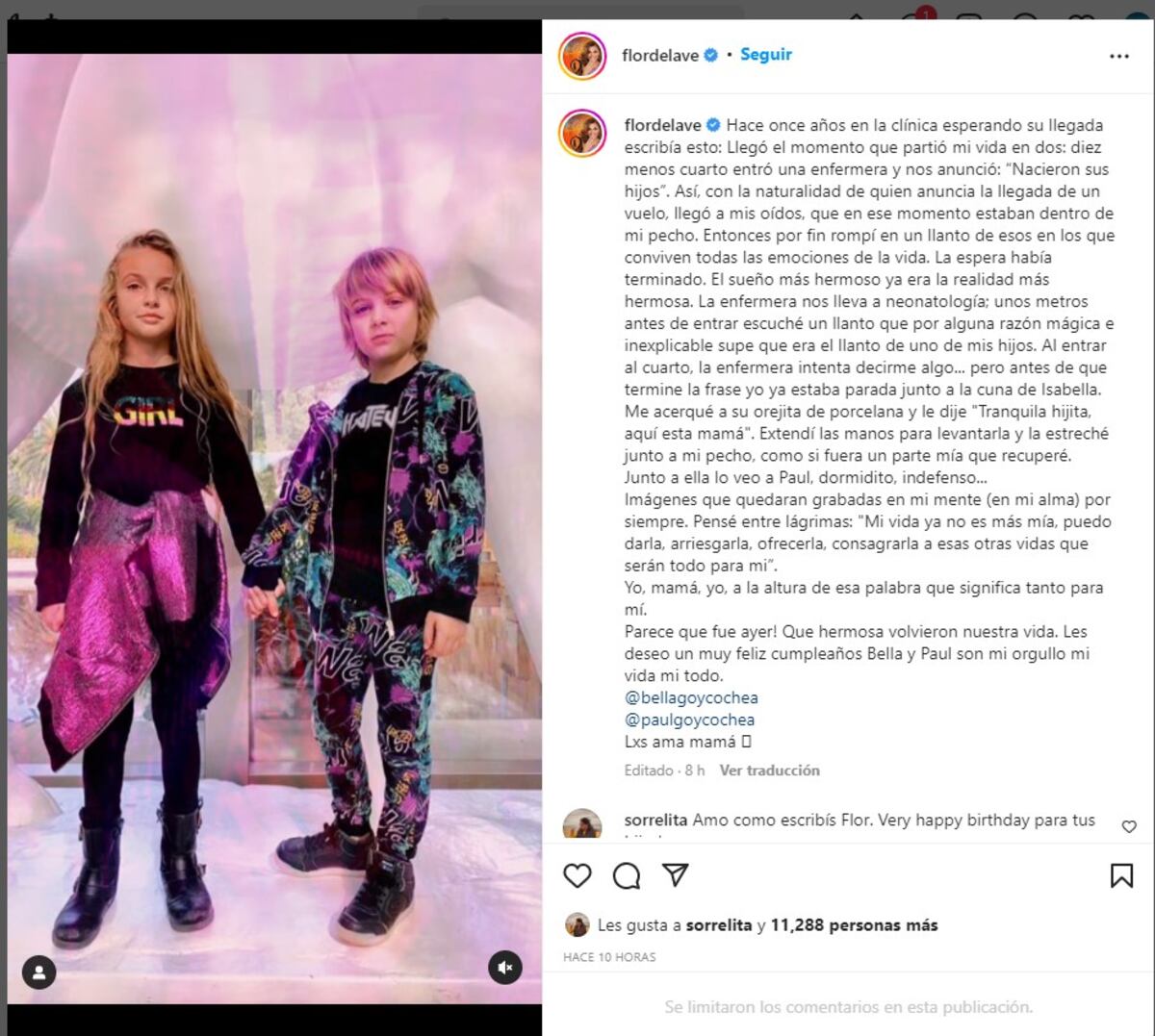 La carta de Flor de la V a sus hijos (Instagram).