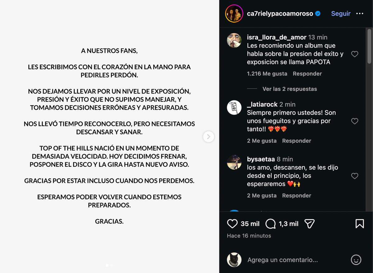 Ca7riel y Paco Amoroso anunciaron que pospusieron la salida de su nuevo disco "Top of the hills" y la gira. (Foto: captura de pantalla)