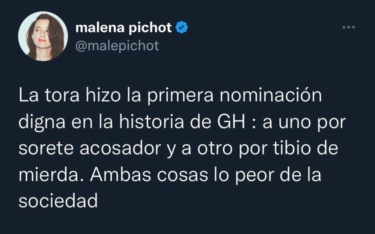 El tuit de Malena Pichot sobre "Gran Hermano" que luego borró.