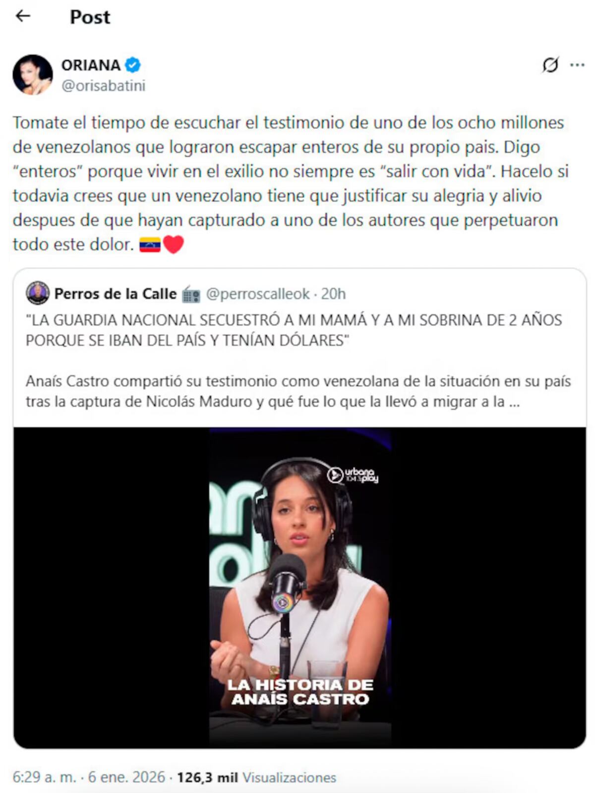 El mensaje que subió Oriana Sabatini en X en apoyo de Anaís Castro. (Foto: Captura de pantalla)