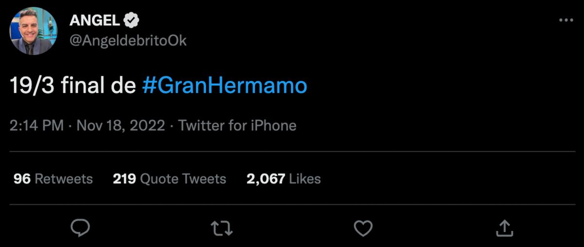 El tuit de Ángel de Brito con la fecha del final de Gran Hermano.