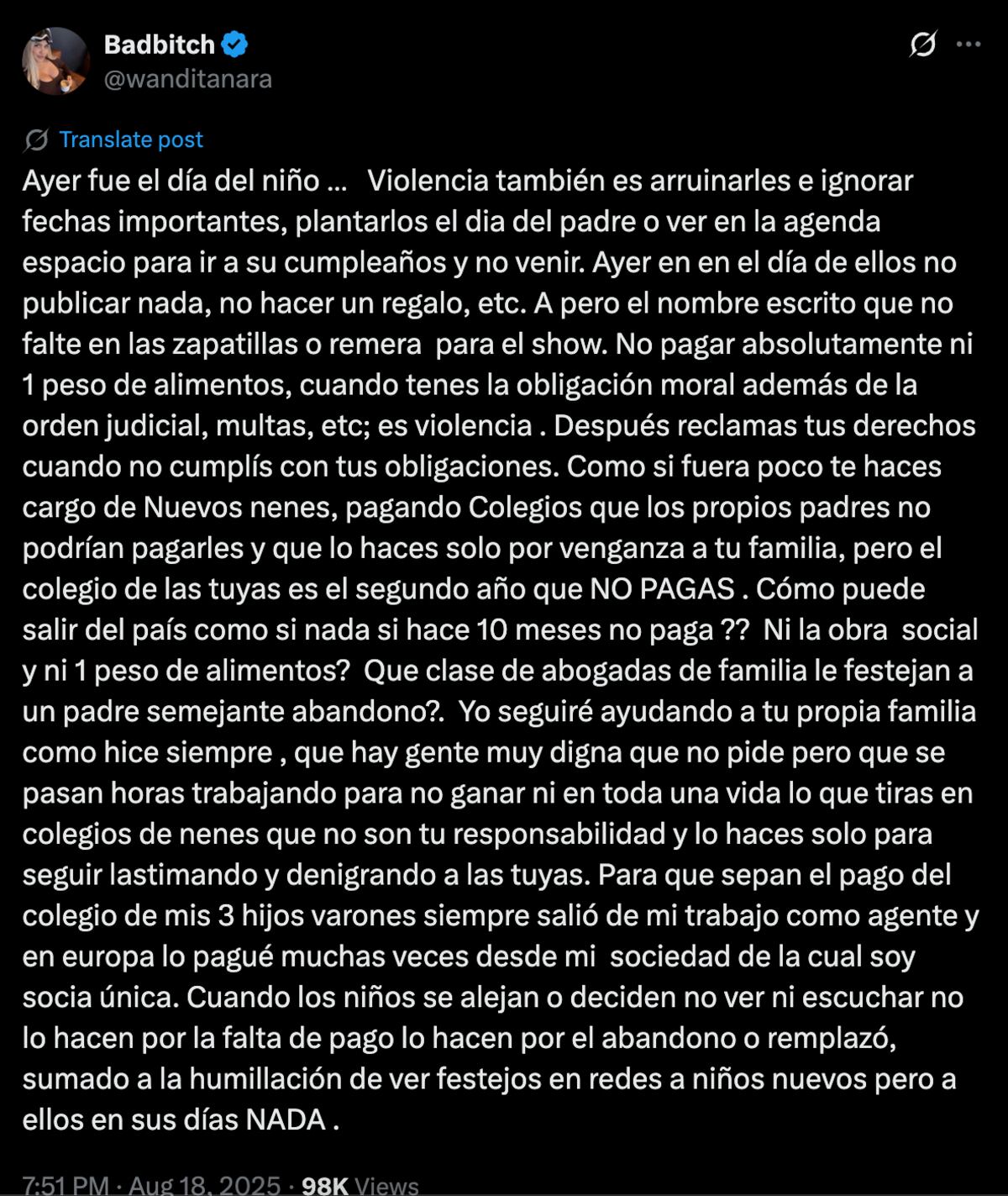 El tuit de Wanda Nara en contra de Mauro Icardi por su ausencia en el festejo del Día del Niño para sus hijos. (Foto: Captura de pantalla)