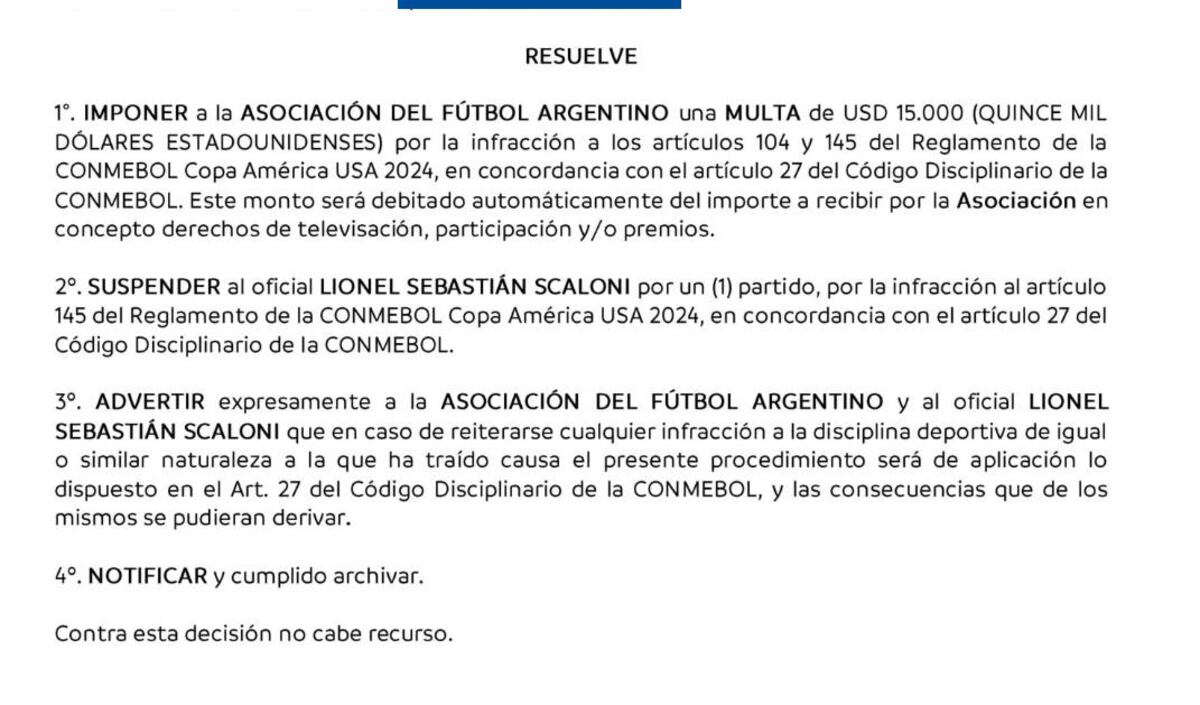 Sanción para Scaloni (Conmebol)