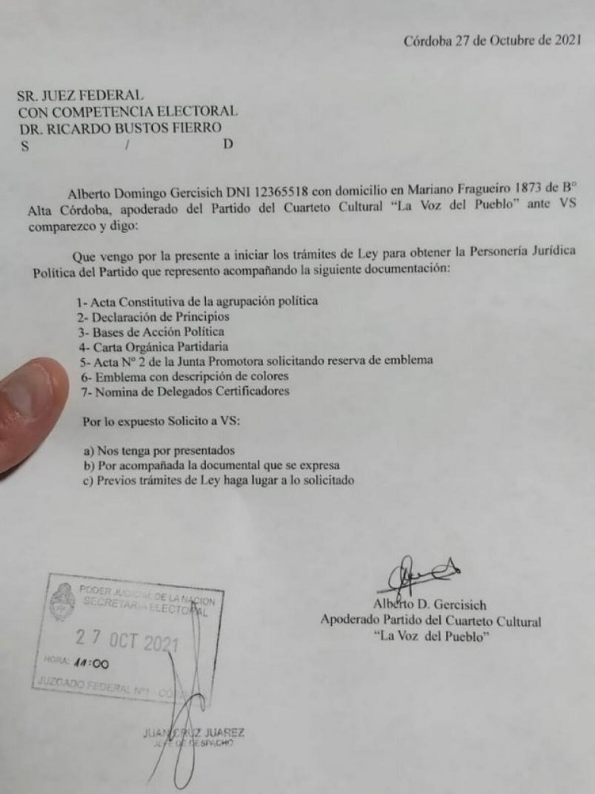 El oficio presentado por el "Partido del Cuarteto". (Cuartetetando)