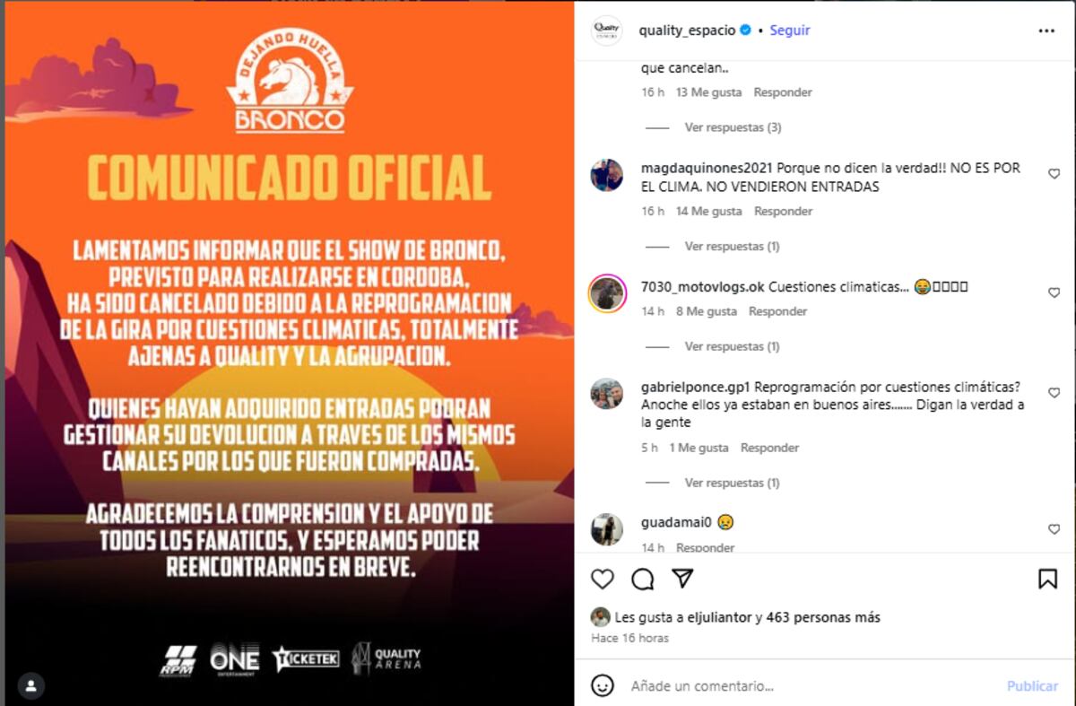 El comunicado del Quality sobre la suspensión de Bronco. (Captura)