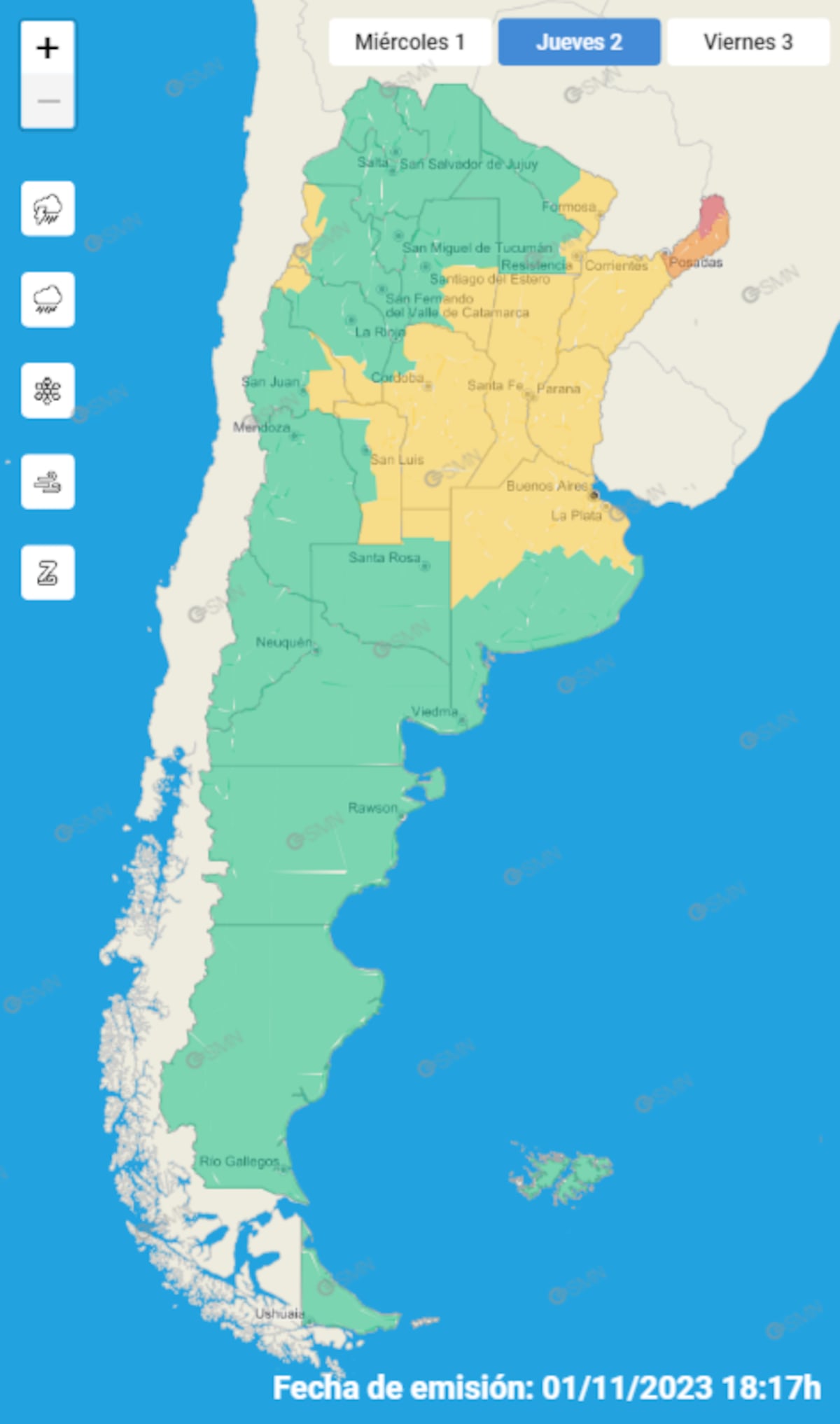 Córdoba. Alerta amarilla por tormentas para este jueves 2 de noviembre. (SMN)