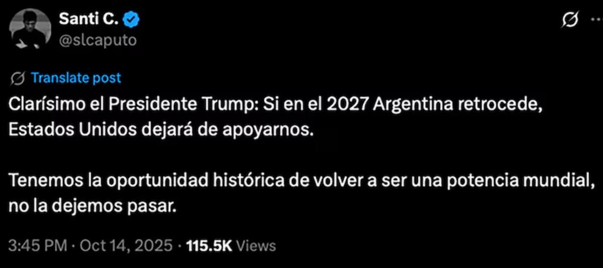 El Gobierno aclaró los dicho de Trump: “Si en el 2027 Argentina retrocede, Estados Unidos dejará de apoyarnos”. (X)