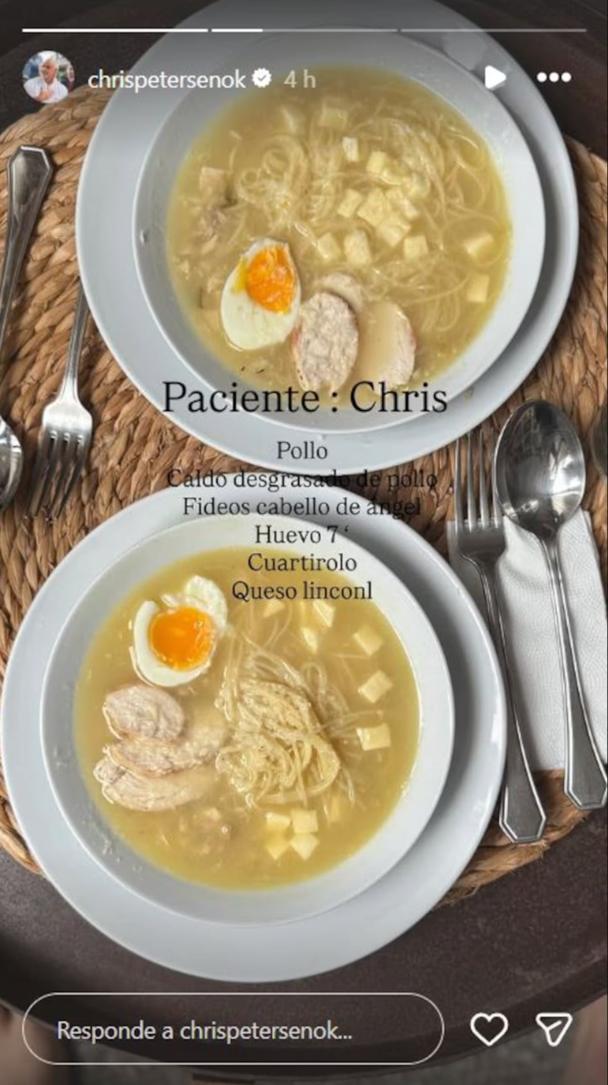 La receta de la sopa que preparó Christian Petersen tras recibir el alta. (Foto: captura de pantalla)