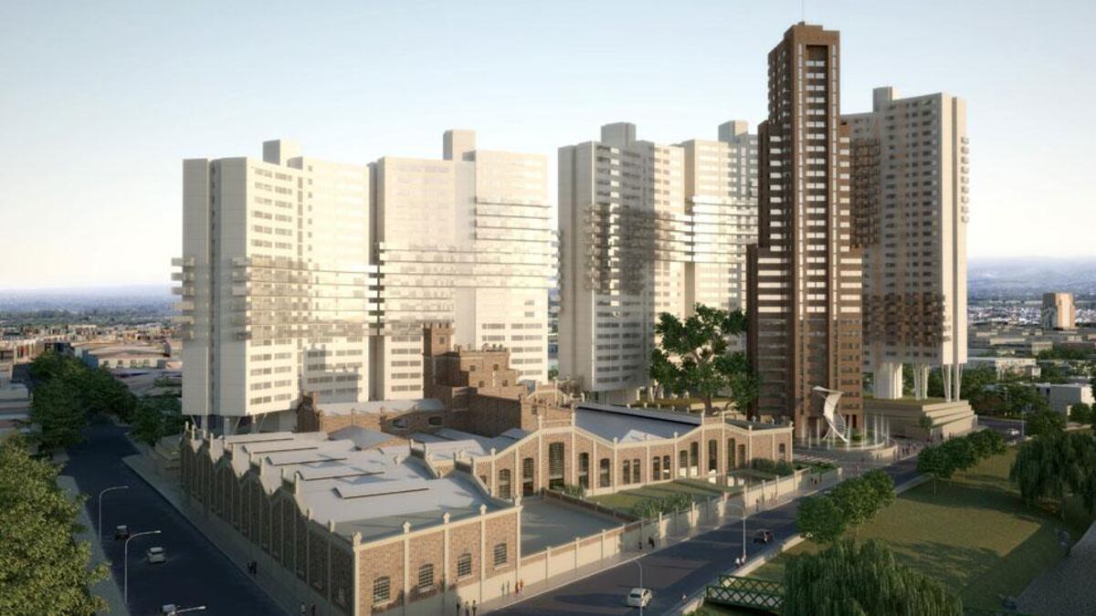 Render. Uno de los proyectos de Euromayor era la construcción de un complejo urbano con seis torres de departamentos. Sólo se hizo una, que quedó sin terminar. (La Voz)