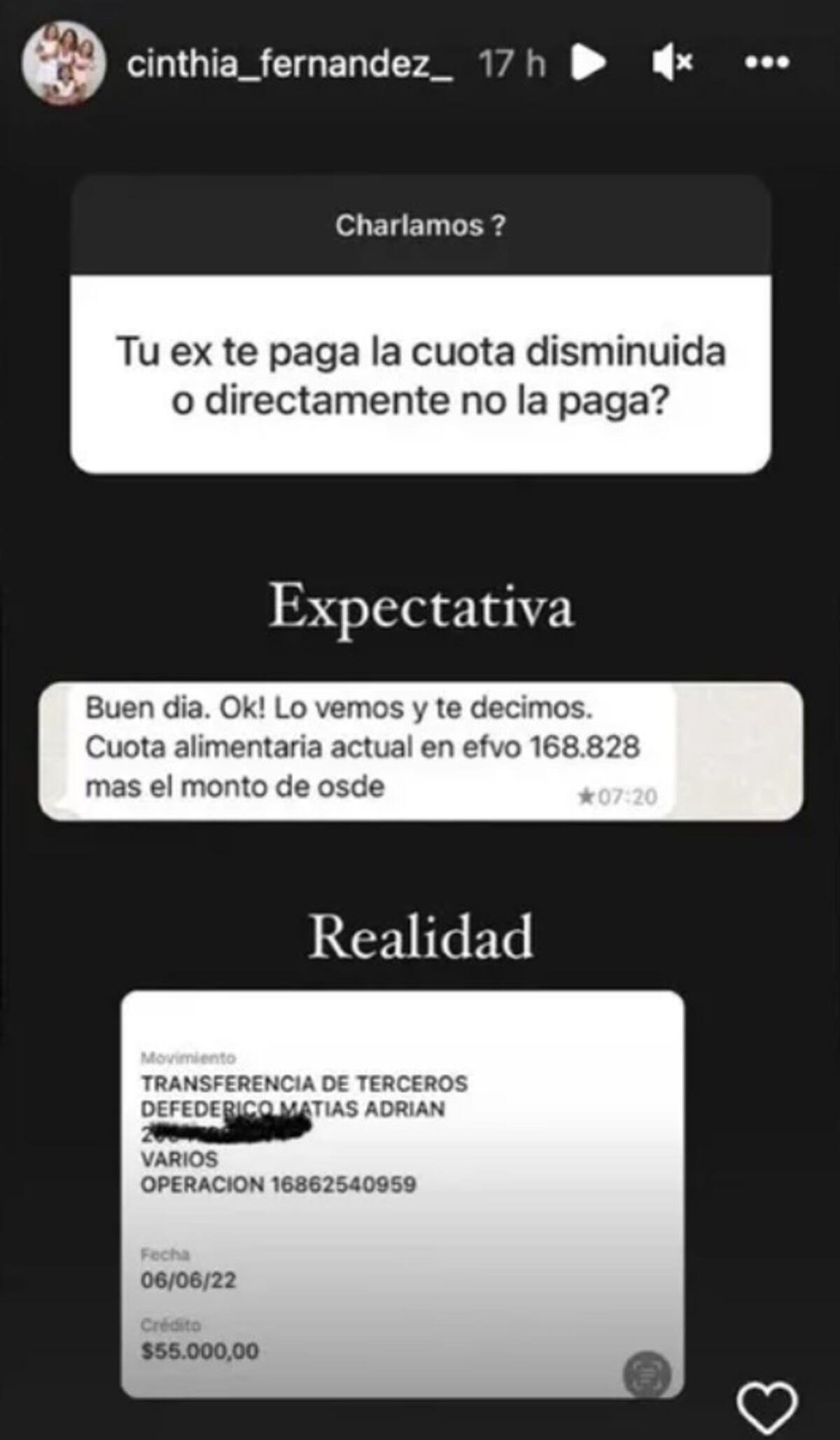 Cinthia mostró dos capturas en su historia. (Instagram Cinthia Fernández)