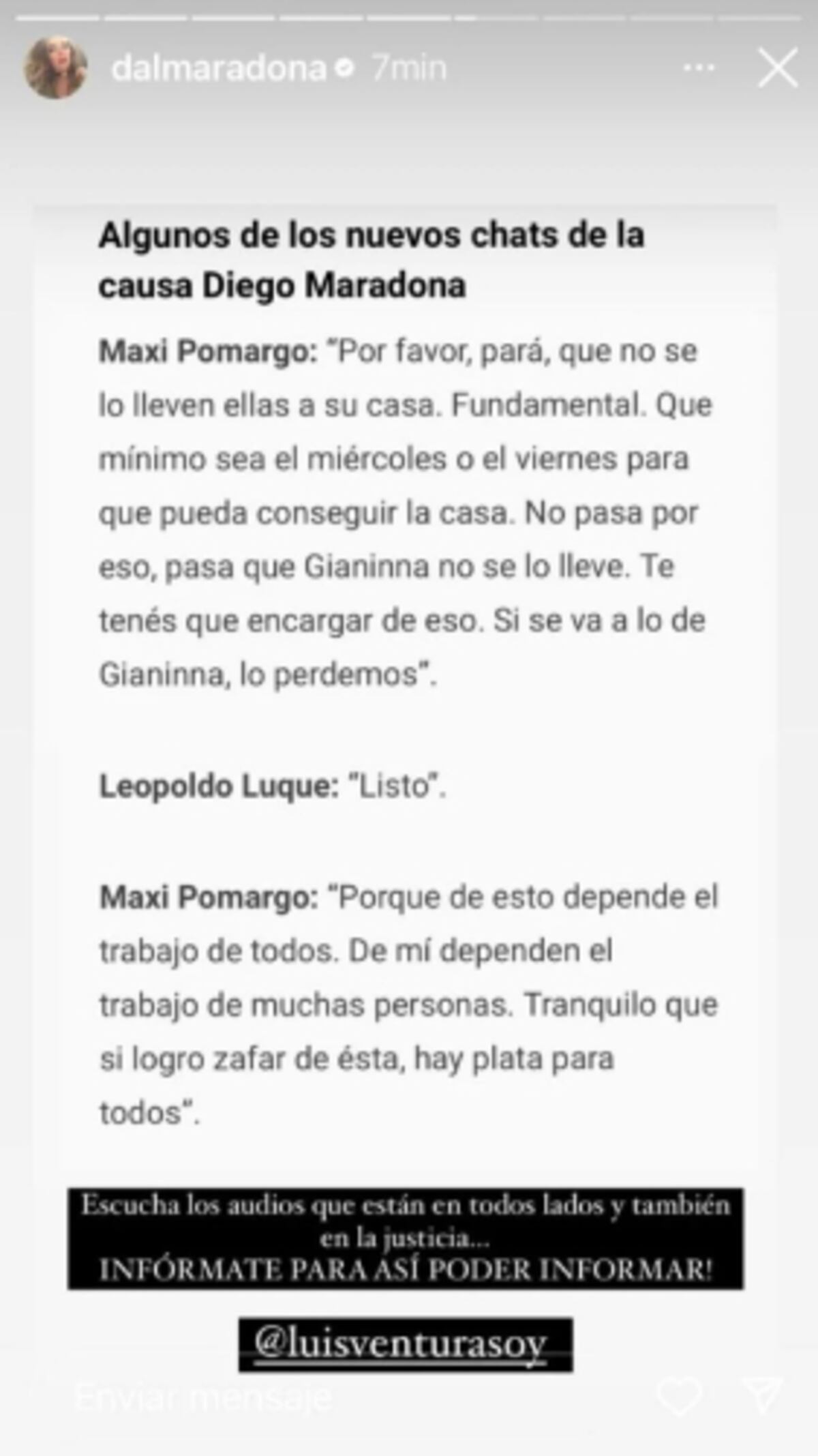 Dalma Maradona y su descargo en redes. (Captura de Instagram)