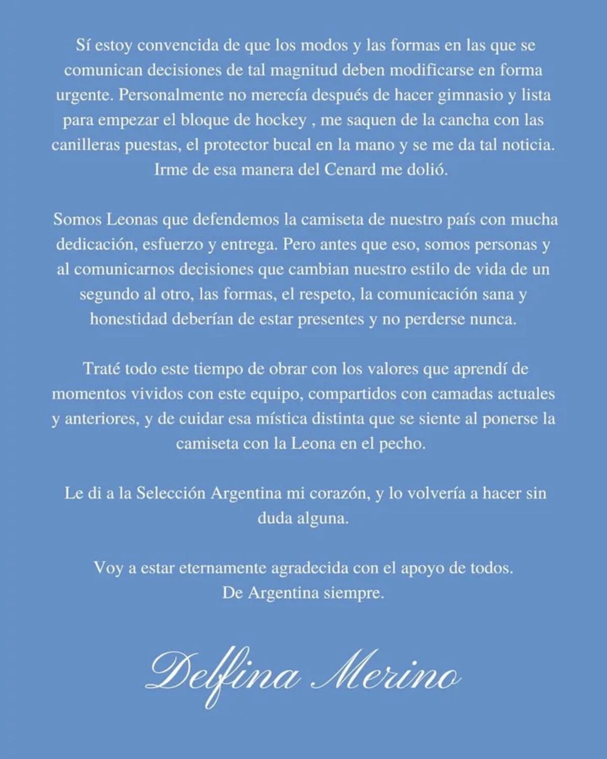 El comunicado de Delfina Merino en el que relata sus sensaciones y versión de la desafectación que sufrió de Las Leonas.