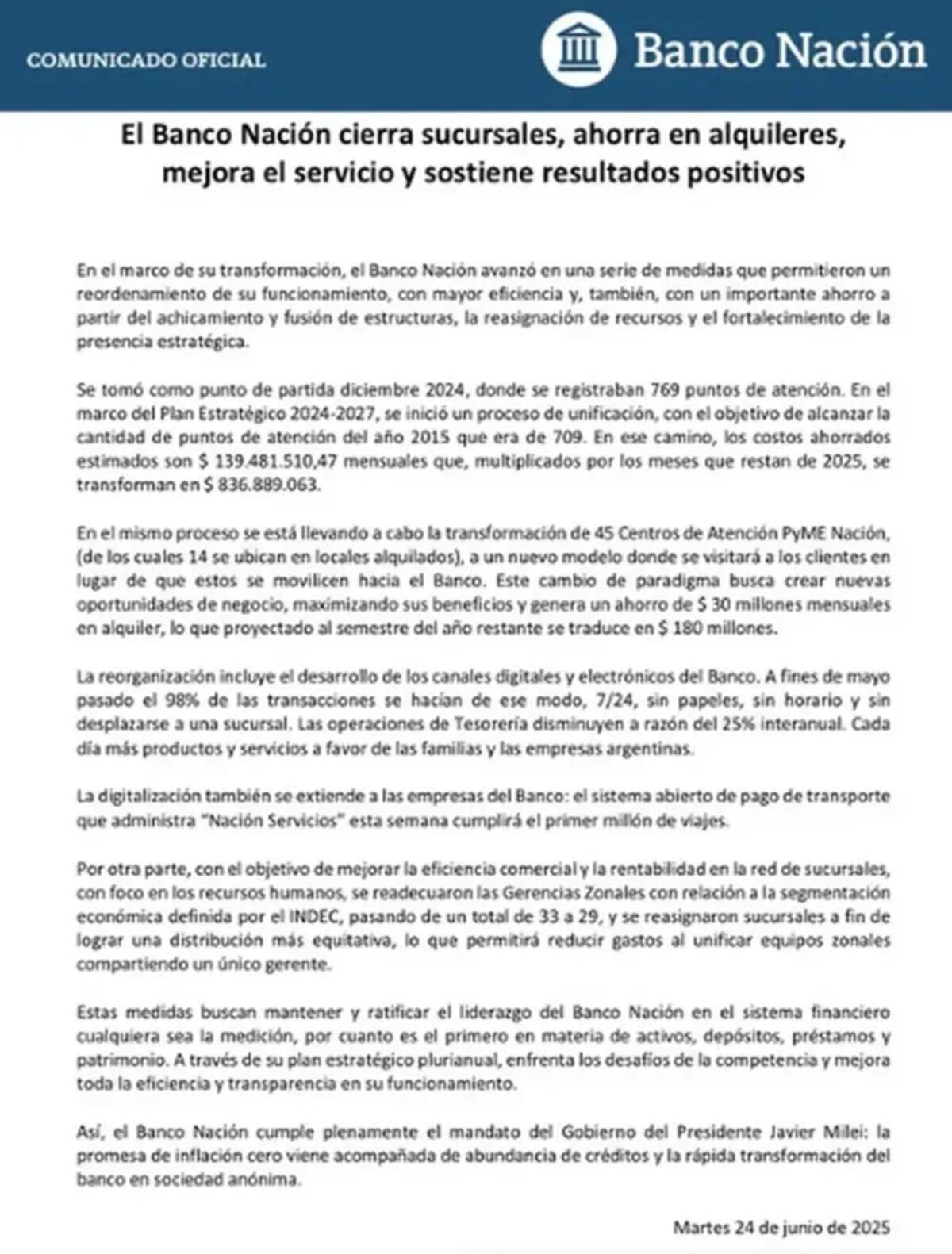El comunicado del Banco Nación (X).
