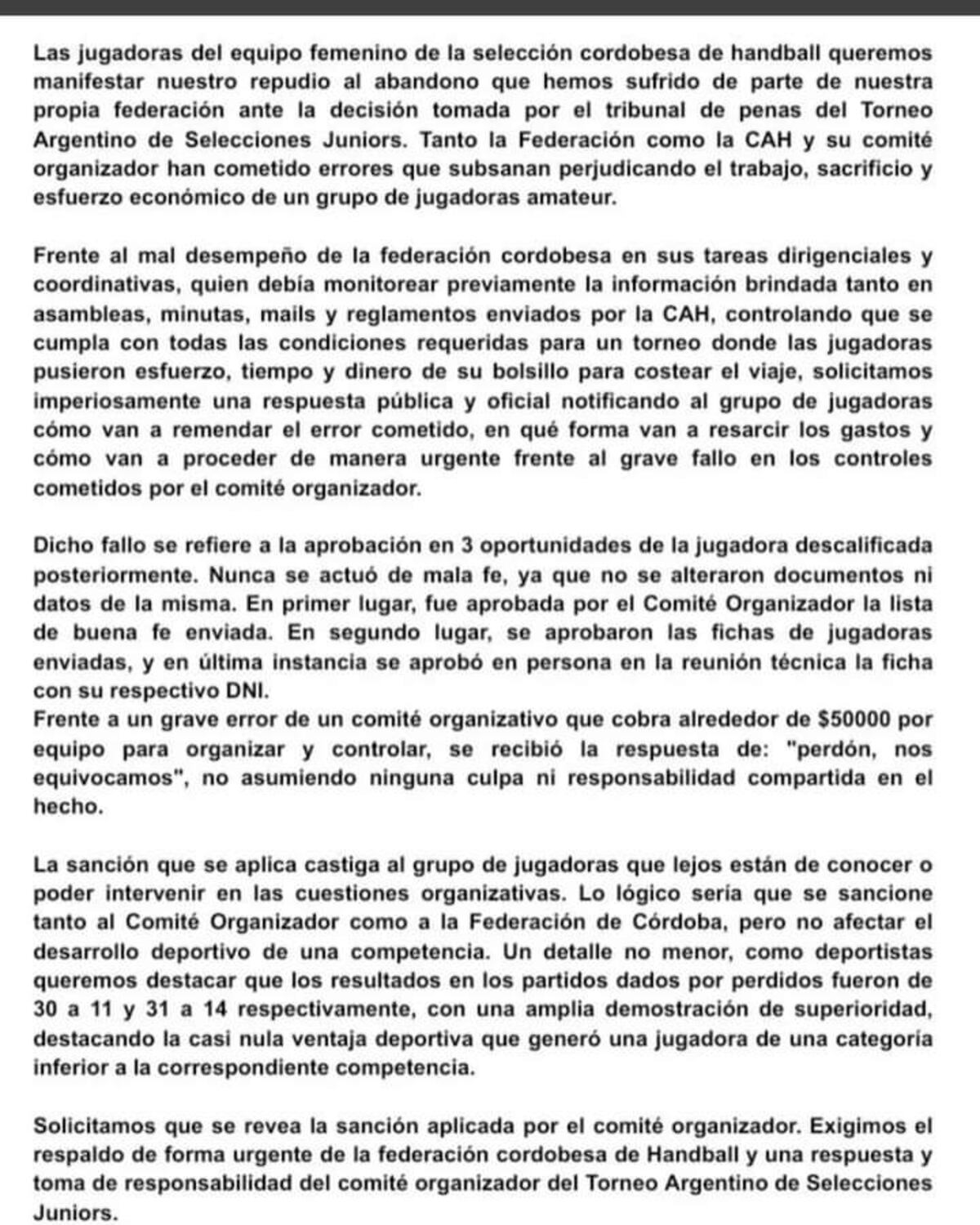 El comunicado de la selecicón femenina cordobesa de Handball.