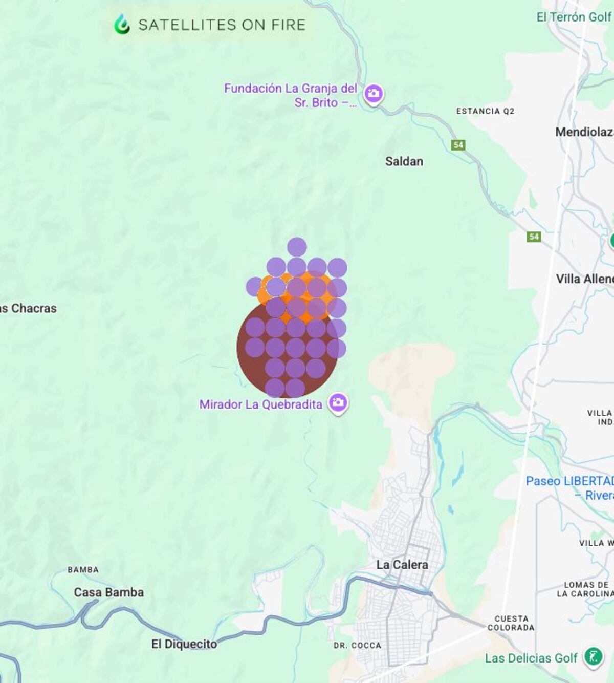 Mapa satelital del incendio en Saldán.