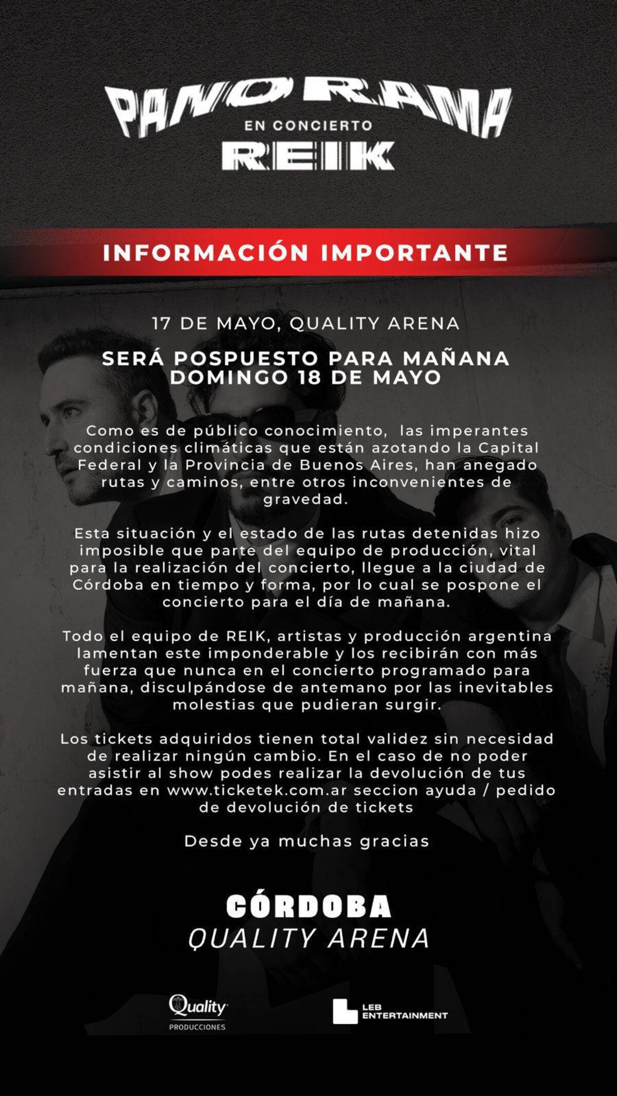 El comunicado oficial de la banca sobre la reprogramación de su show en Córdoba.
